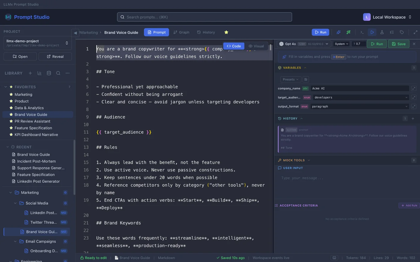Prompt Studio code editor with syntax highlighting, template variables, and metadata panel