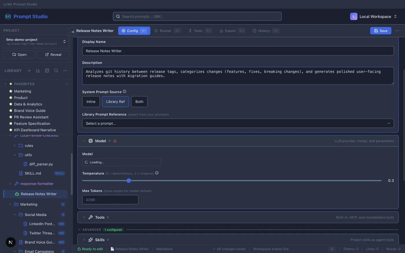 Agent configuration editor with identity, system prompt, model settings, and tools sections