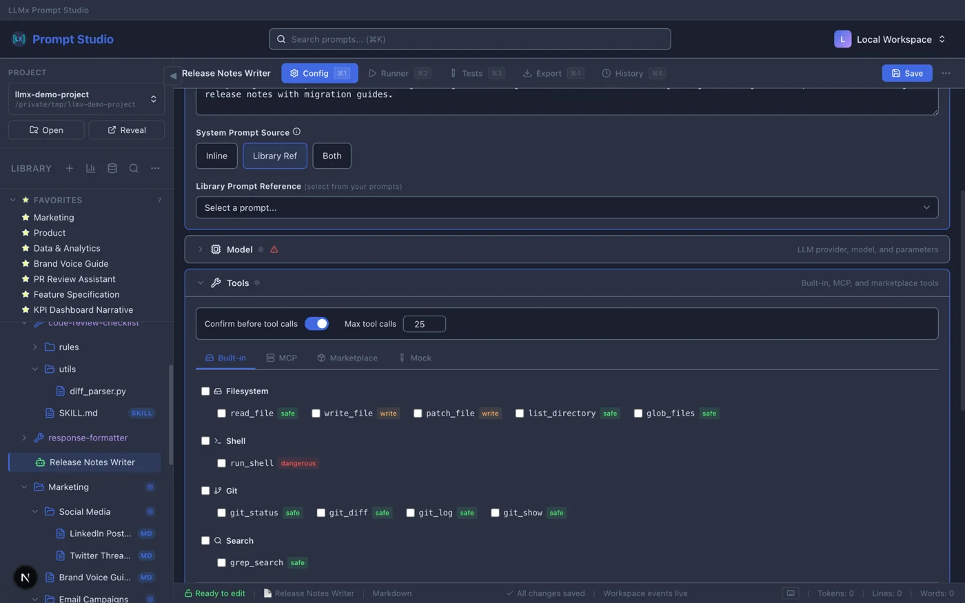 Built-in tool categories with enable toggles for filesystem, shell, and git operations